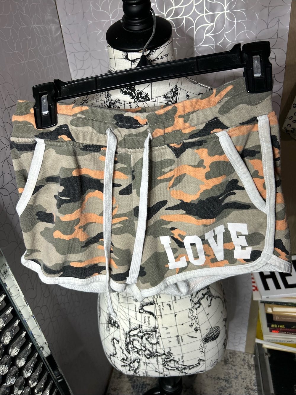 LOVE Camo Drawstring Women’s Shorts - CAMO/ORANGE